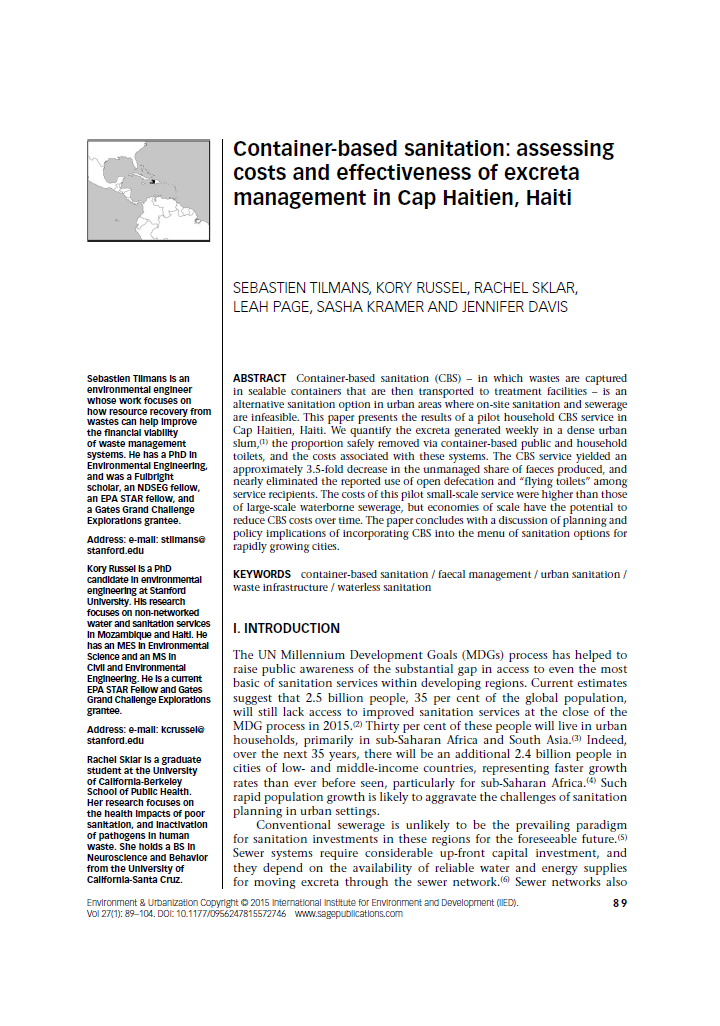 Container-Based Sanitation - Assessing Costs and Effectiveness of Excreta Management in Cap Haitien, Haiti