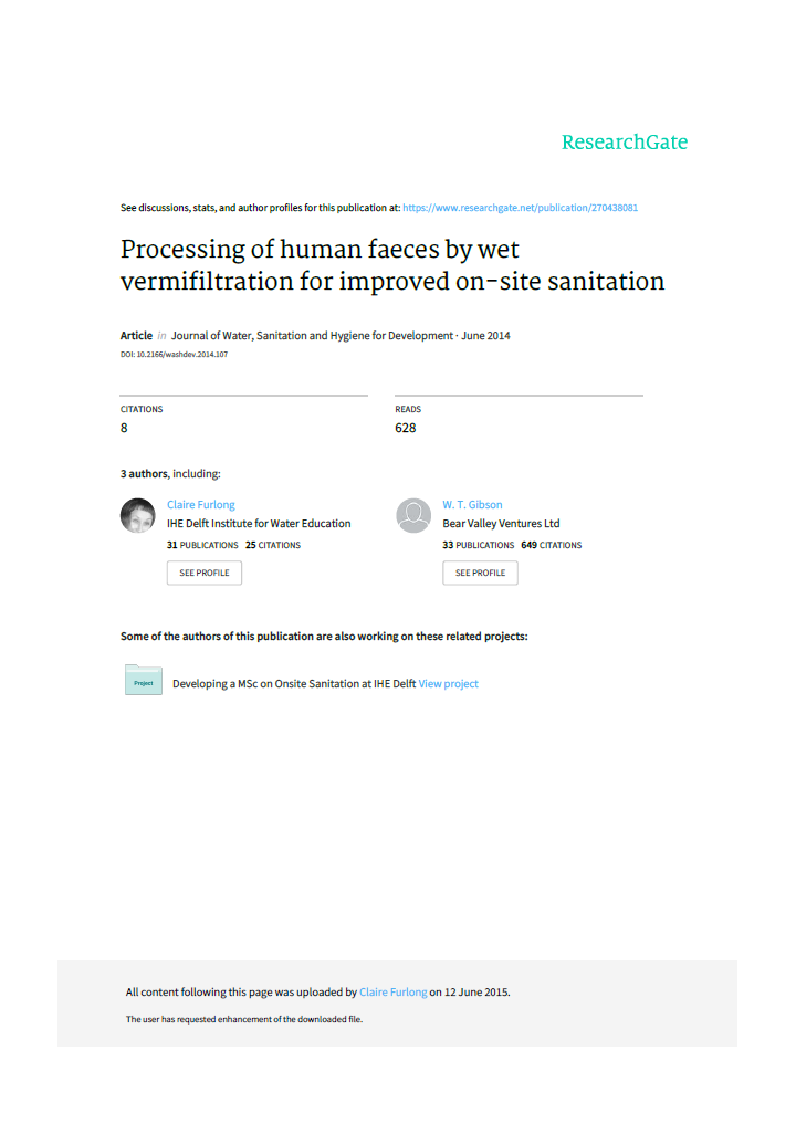 Processing of Human Faeces by Wet Vermifiltration for Improved On-Site Sanitation